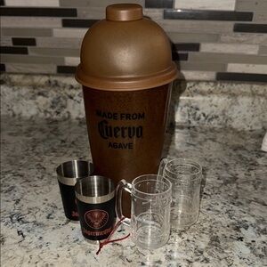 Brown Shaker Set with Jagermeister and Captain Morgan Shot Glasses